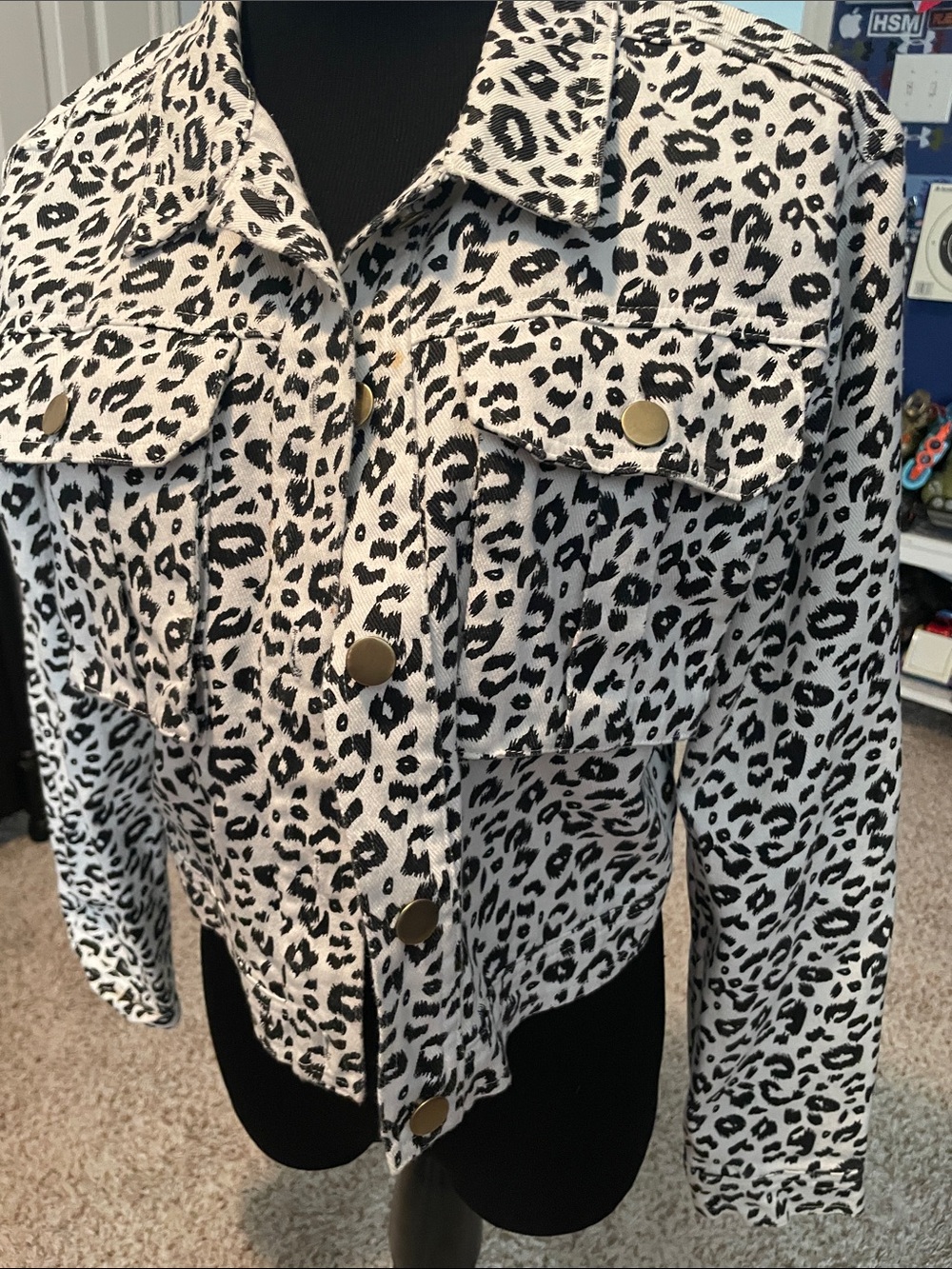 Leopard Print Button-Front Jean Jacket - Black & White
